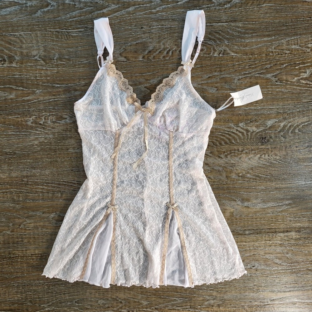 Linea Donatella Vintage 80's Pink Lace Chemise Nightgown TanTrim Bows NWT Size S